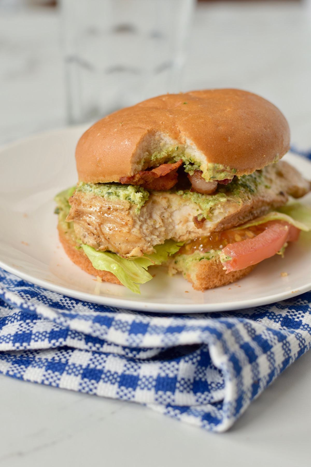 chicken BLT with pesto cream cheese sandwich on gluten free bun