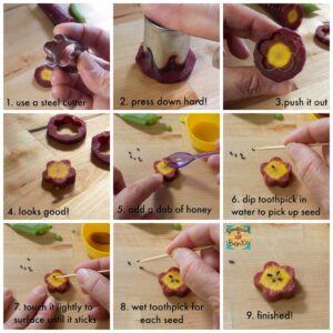 this is a collage picture of a carrot flower tutorial. Read more at beneficial-bento.com
