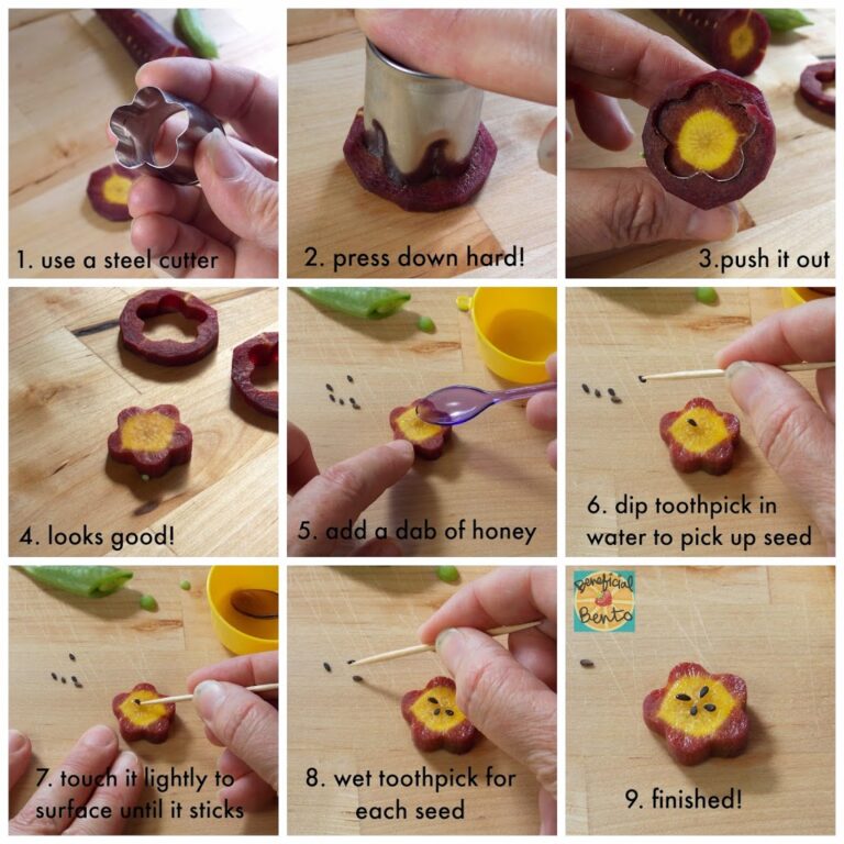 this is a collage picture of a carrot flower tutorial. Read more at beneficial-bento.com