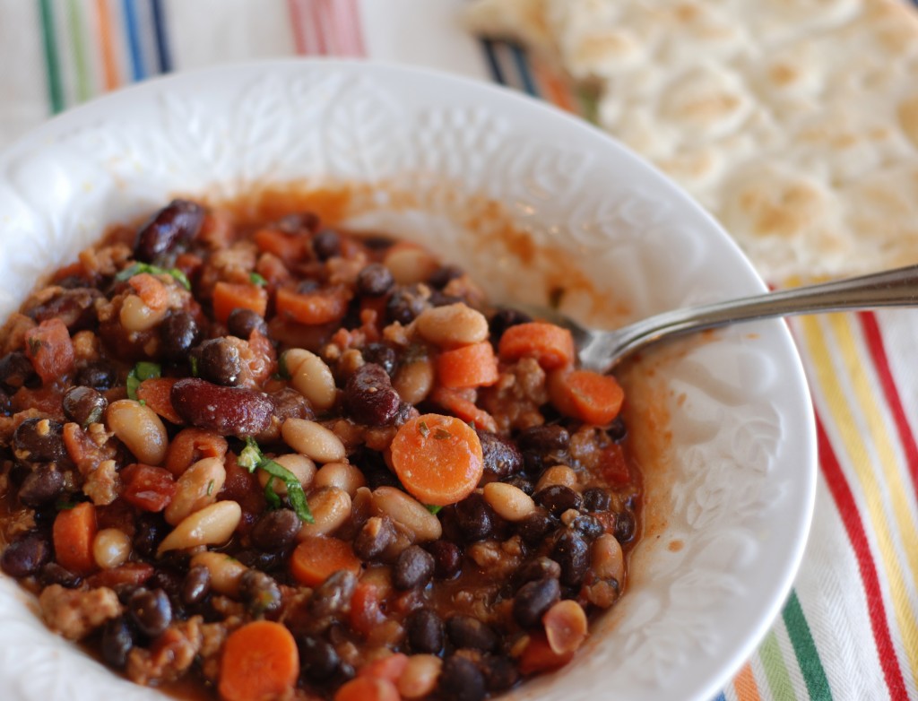 beans, sausage, carrots blend to make a heart and filling meal!