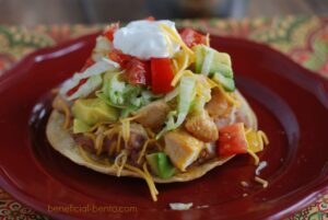 this is a picture of Chicken Tostadas. recipe at beneficial-bento.com