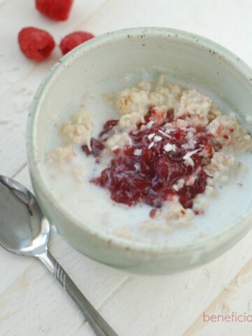 this is a picture of Raspberry Coconut Oatmeal. Recipe at beneficial-bento.com