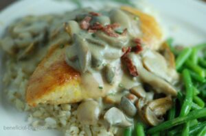 rich, creamy sauce made from cottage cheese, topped with uncured turkey bacon - you'll never believe this is a low calorie meal!