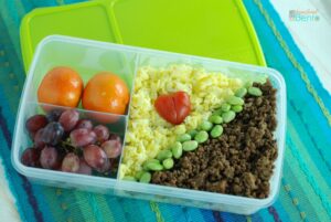 soboro bento - an easy idea for lunch with egg, beef, rice and edamame