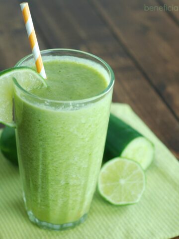 this smoothie is so packed with nutrients! The green veggie taste is tamed with coconut milk, lime, and pineapple. It's so sweet, and gives you a huge burst of energy when you drink it!