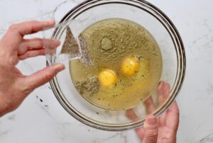 step 6. combine eggs, butter, broth