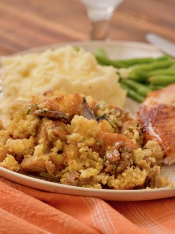 gluten free cornbread and sausage stuffing on dinner plate
