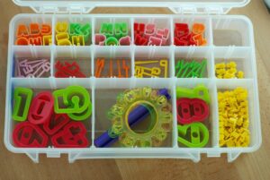 I use this container to store my alphabet cutters so I can easily see what I need to add messages to lunches and other fun foods
