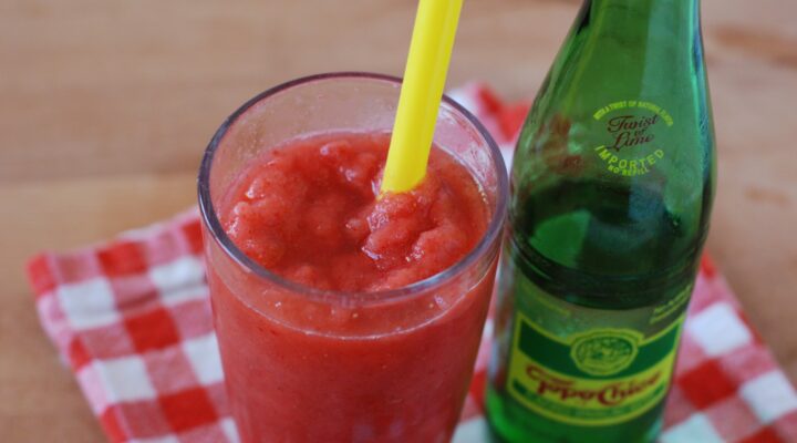 This is a picture of Strawberry Lime Slushie. Recipe at beneficial-bento.com
