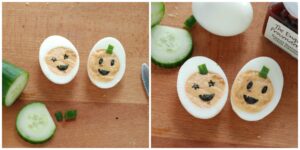 How to make Jack-O-lantern deviled eggs for a healthy Halloween treat by Beneficial Bento
