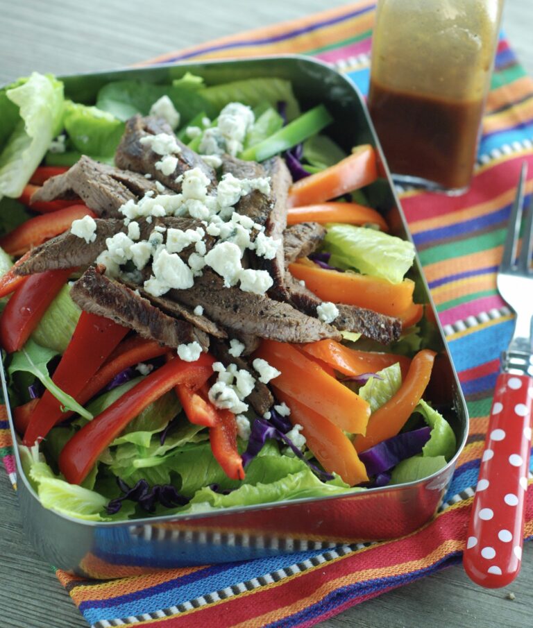 This is a great way to use up leftover steak! It's hard to think of thinks to do with leftover beef anyway, and this is so colorful and healthy! Recipe at beneficial-bento.com