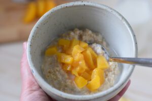 this is a picture of one of my healthy breakfast ideas, Peach Instant Oatmeal. Recipe at beneficial-bento.com