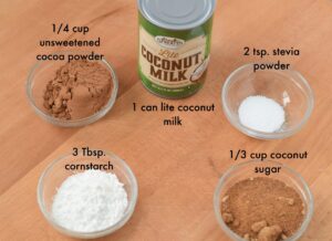 This is a picture of the ingredients for my Homemade Chocolate Pudding. Recipe at beneficial-bento.com