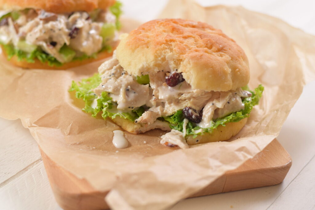 chicken salad sandwich with poppyseed dressing and cranberries
