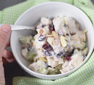 This is a picture of chicken salad with cranberries and poppy seeds. Recipe at beneficial-bento.com