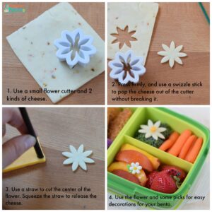 This is a collage picture of how to make a cheese daisy. Details at beneficial-bento.com