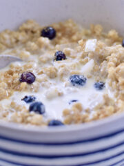 steel cut blueberry coconut oats, closeup