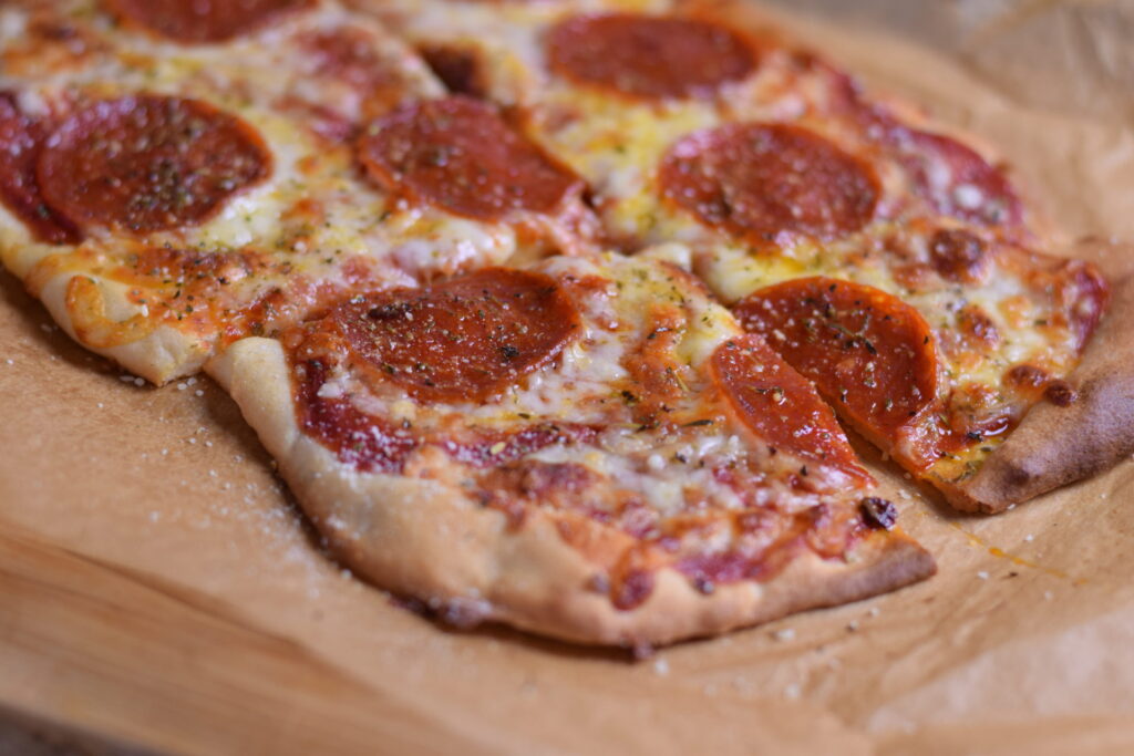 This is a picture of a pizza made with my gluten free flat bread recipe.