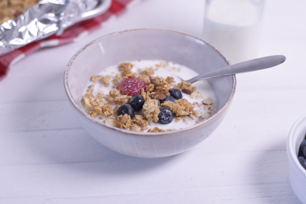 gluten free granola in bowl with berries