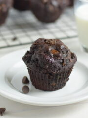 Dark chocolate zucchini muffin and glass of milk