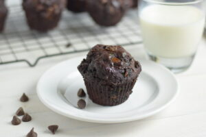 Dark chocolate zucchini muffin and glass of milk