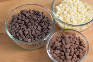 milk chocolate, white, chocolate, and semi-sweet chocolate chips