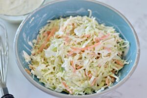 coleslaw in blue bowl