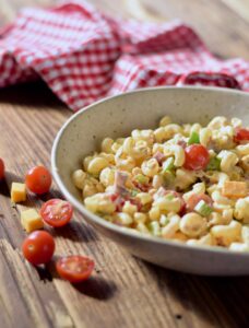 Ham and Cheese macaroni salad in a bowl