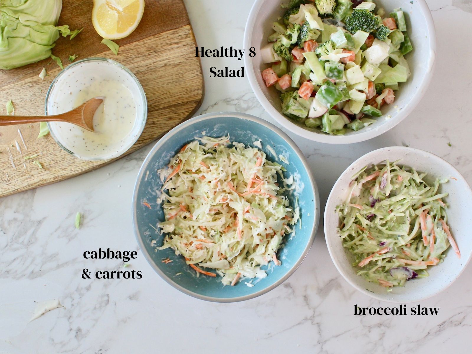 3 salads made with coleslaw dressing
