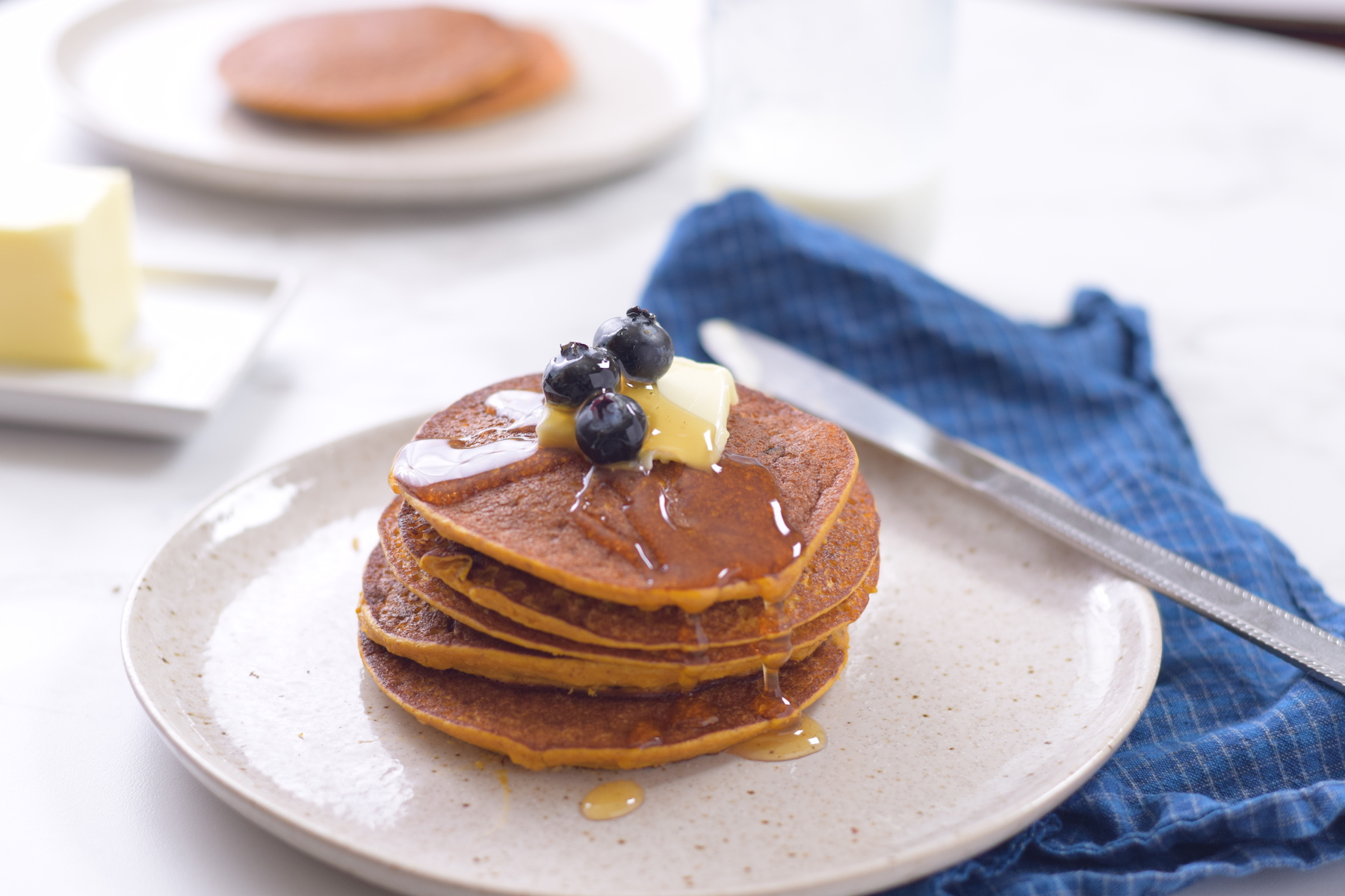 pumpkin protein pancakes with blueberries