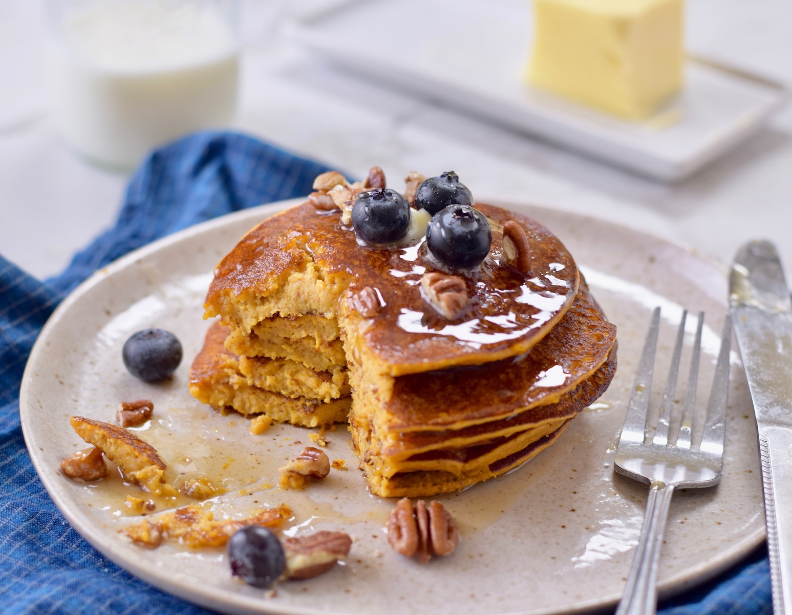pumpkin protein pancakes with blueberries and pecans