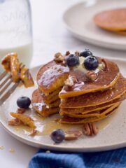 pumpkin protein pancakes with fork