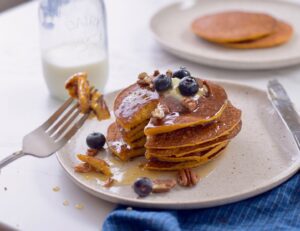 pumpkin protein pancakes with fork