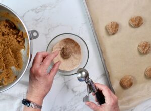 Step 6. form dough into balls, roll in sugar mixture.
