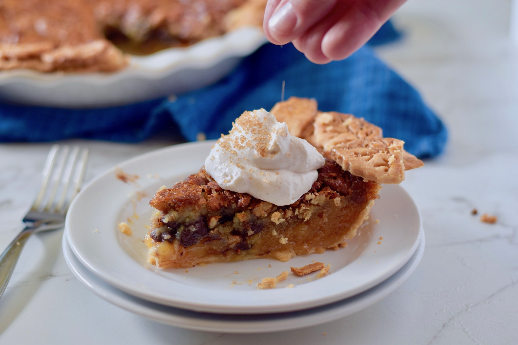 pecan pie slice, sugar sprinkle