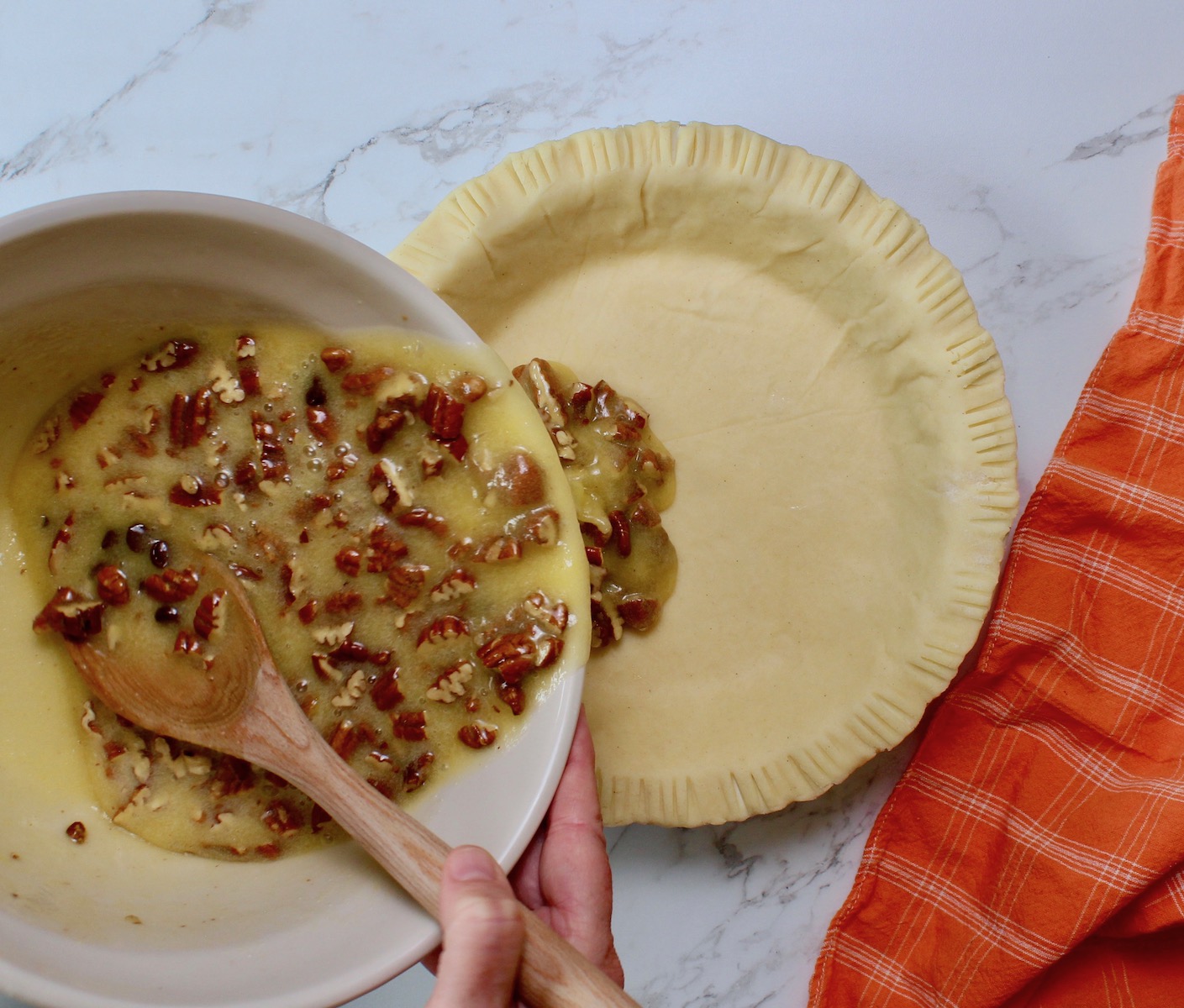 step 4. add pecans, pour into shell