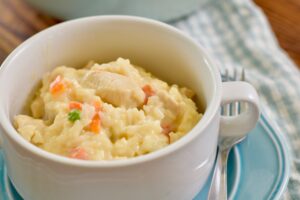 chicken and rice close up with fork