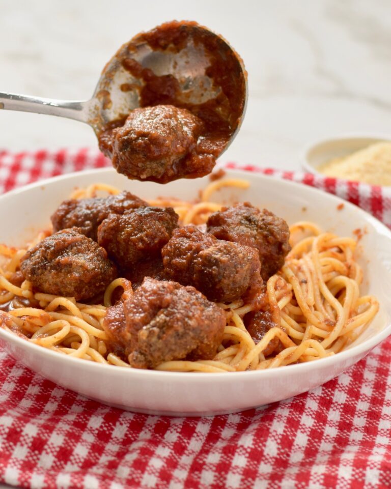 gluten free meatballs with ladle