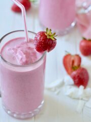 strawberry coconut protein shake, close