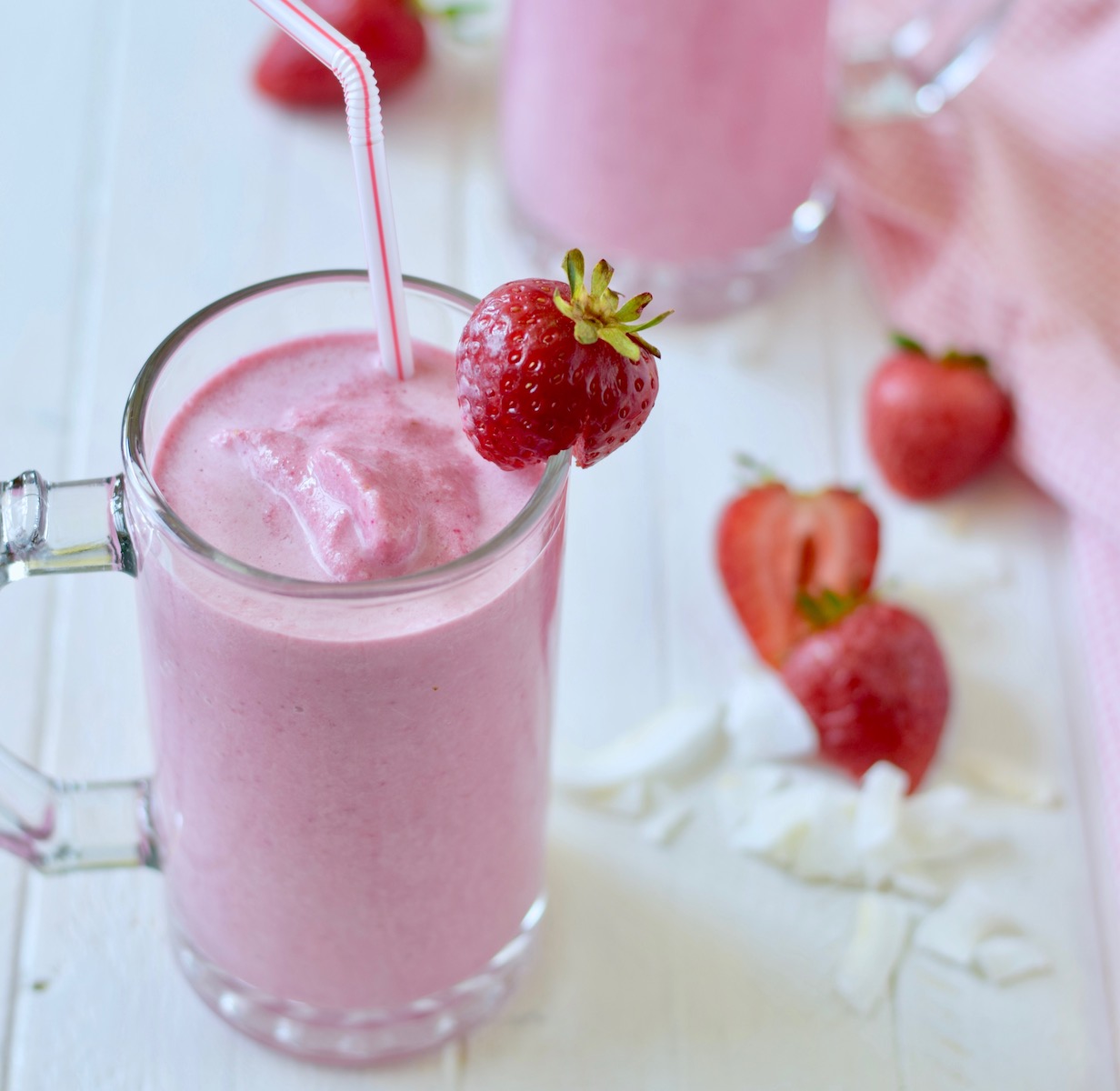 strawberry coconut protein shake, close