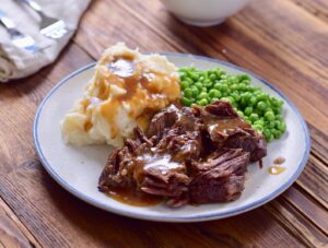 beef, potatoes, peas