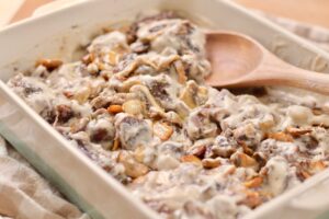 beef stroganoff in casserole dish