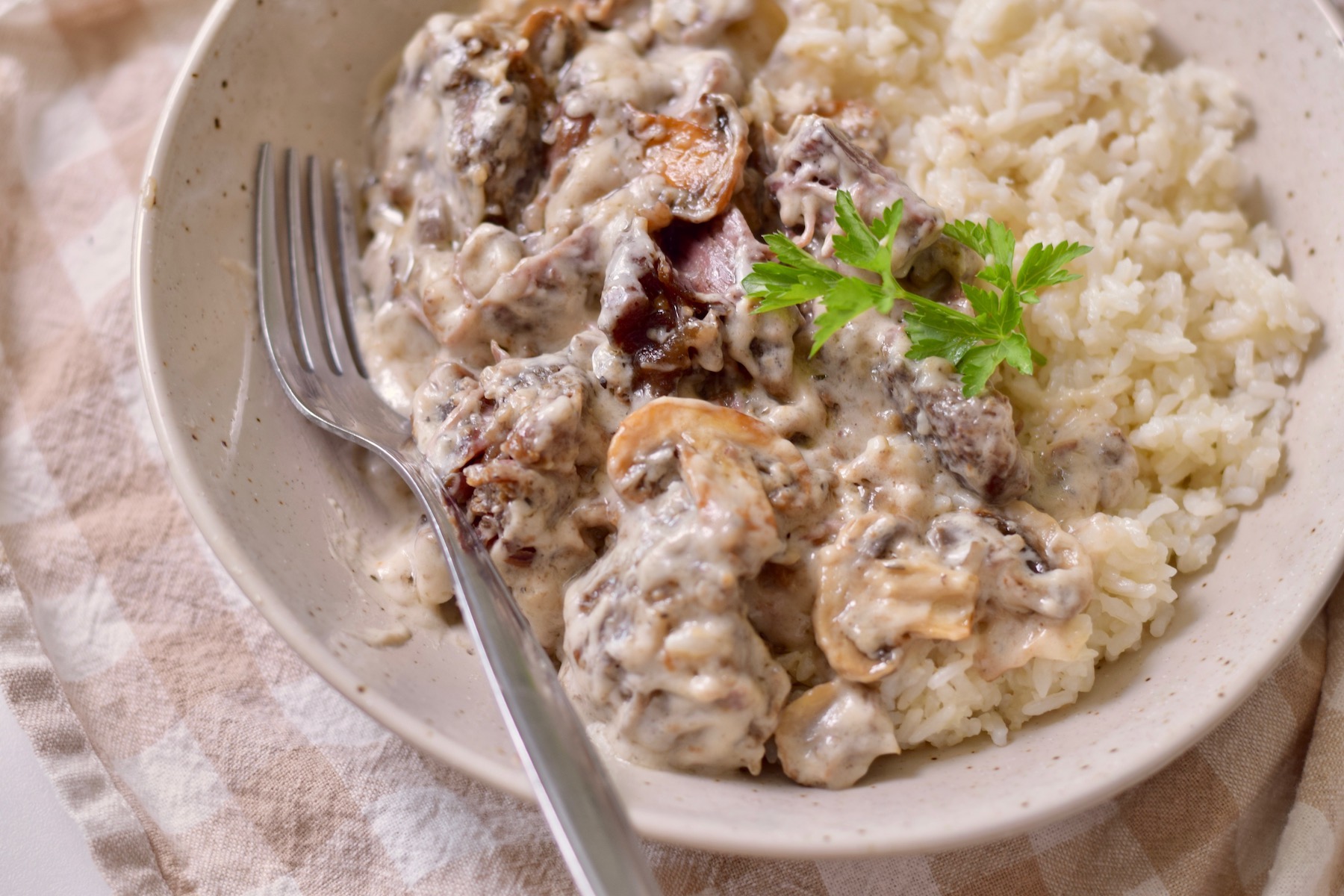 gluten free beef stroganoff, overhead