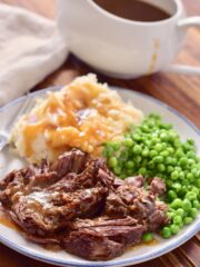 pot roast on plate, gravy