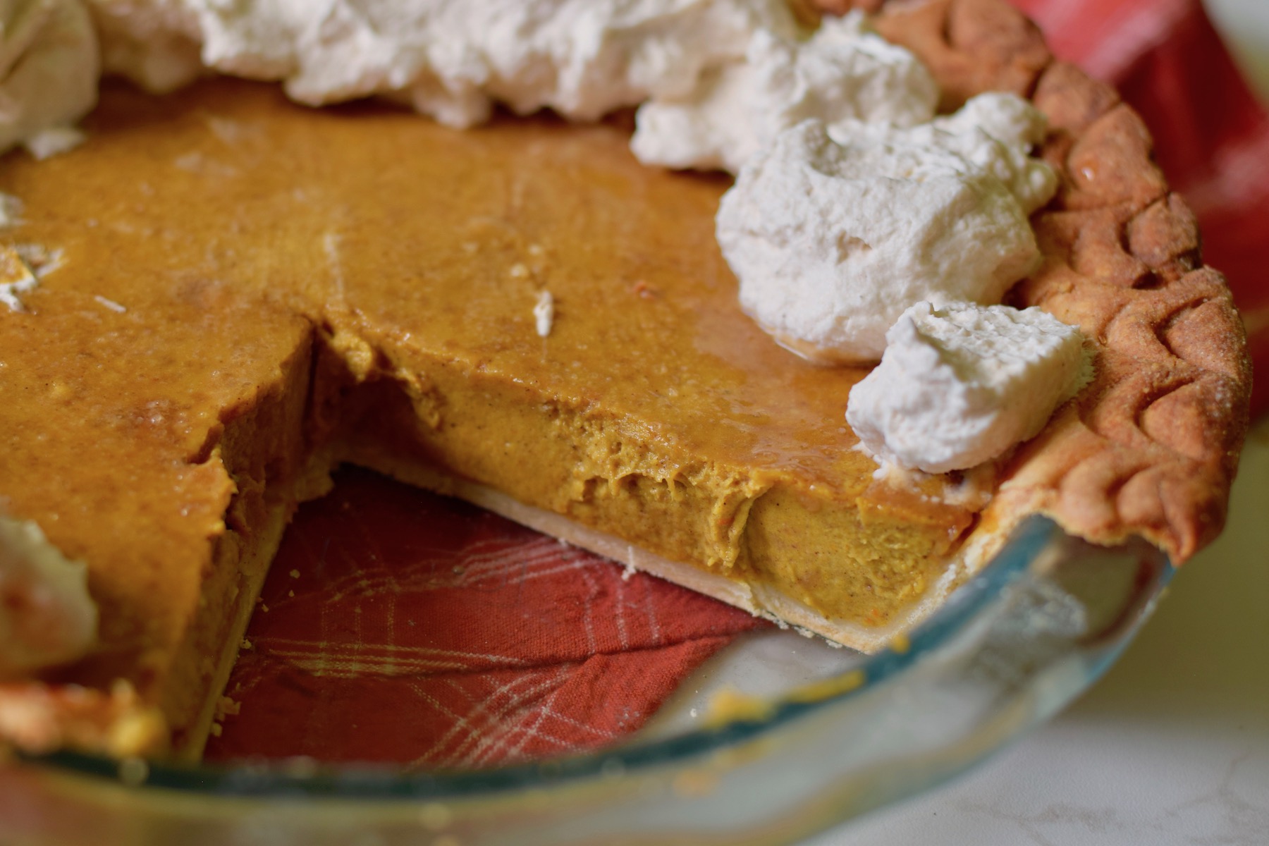 pumpkin pie, wide, with slice