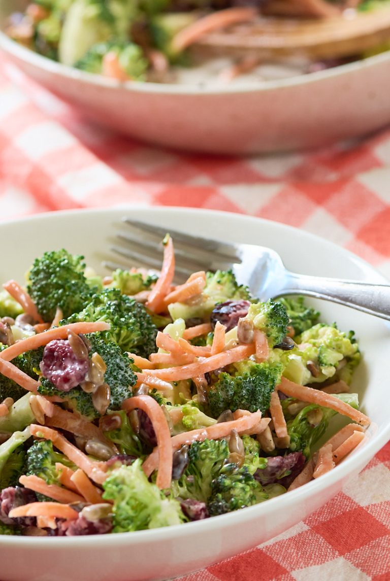 broccoli carrot salad in bowl