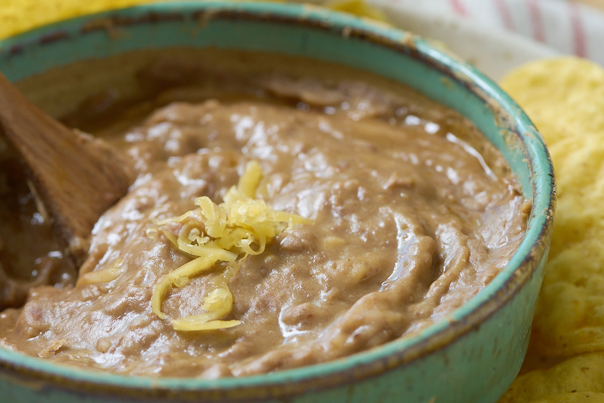 refried beans in bowl, closeup